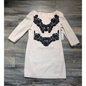 NWT Eliza J. Dress Pink Blush Crepe Sheath Black Lace Women's 8 Career Wear